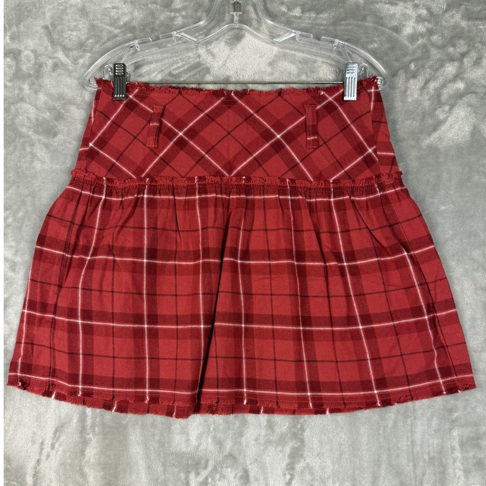 Y2K Guess Jeans Red Plaid Flounce Mini Skirt Women's Size 26 Raw Hem